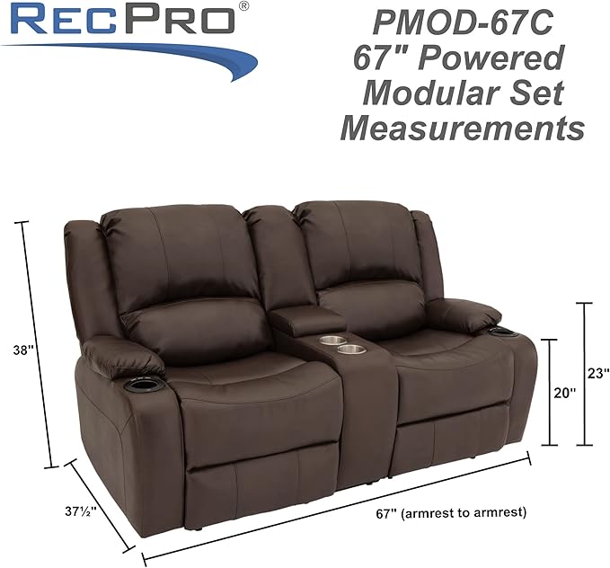 RecPro Charles 67" Powered Double RV Wall Hugger Recliner Sofa RV Loveseat with Upgraded 2023 Fabric (Chestnut)