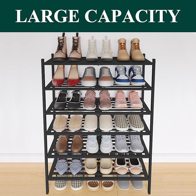 Smiry Bamboo Shoe Rack 6-Tier, Stackable Wooden Shoe Organizer for Entryway & Closet, Free Standing Wood Shoe Storage Shelf for Front Door & Small Spaces, Black