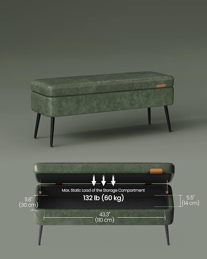 VASAGLE EKHO Collection - Storage Ottoman Bench, Entryway Bedroom Bench, 15 Gallons, Synthetic Leather with Stitching, Mid-Century Modern, Safety Hinges, Loads 660 lb, Forest Green ULOM074C01