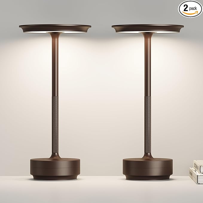Cordless Table Lamp, Rechargeable 5000mAh Outdoor LED Table Lamp, 3 Levels Brightness Dimming IP54 Waterproof Touch Battery Powered Table Lights, Dining Room/Patio/Nightstand (2Pack Brown)