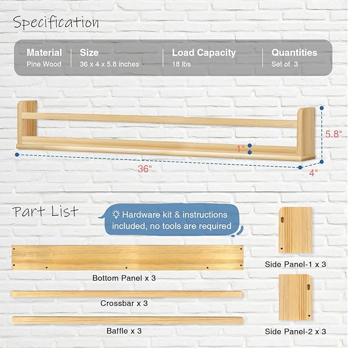 Wooden Wall Bookshelf for Kids Room, Large Nursery Floating Shelves for Kids Bedroom, Natural Wood Wall Mounted Bookshelves for Baby Toddler Classroom Library Books (36 Inch Long, 3-Pack)