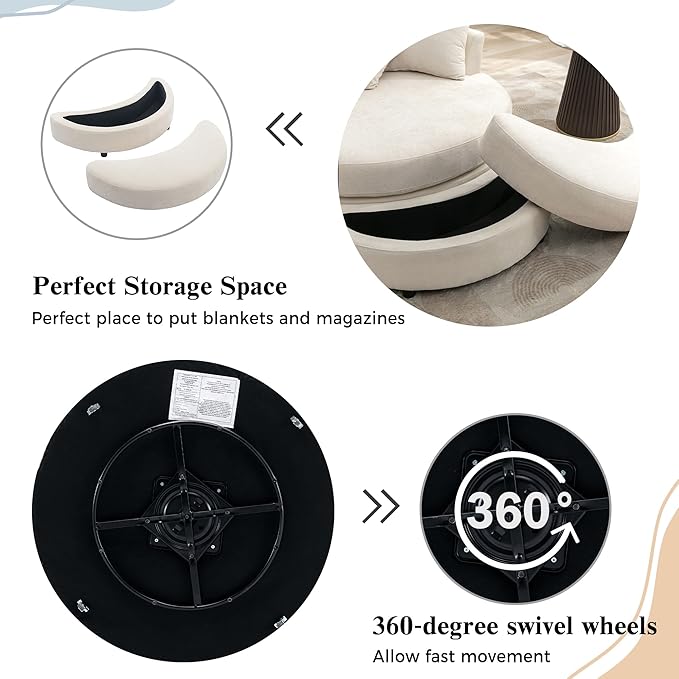 ERYE Oversized Round Accent Barrel Chair with Storage Ottoman and 360 Swivel Base, Modern Chenille Upholstered Leisure Recliner Armchair for Living Room Bedroom