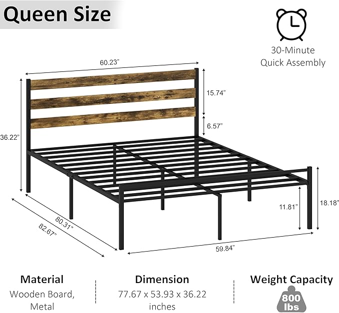 Metal Platform Queen Bed Frame with Headboard, Queen Size Bed Frame 59.8W x 82.7L x 36.2H inches, Wood and Faux Leather, Walnut (Walnut Colour, Queen)