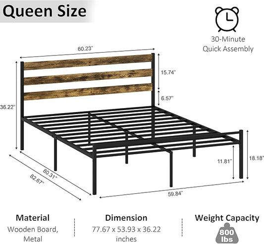 Metal Platform Queen Bed Frame with Headboard, Queen Size Bed Frame 59.8W x 82.7L x 36.2H inches, Wood and Faux Leather, Walnut (Walnut Colour, Queen)