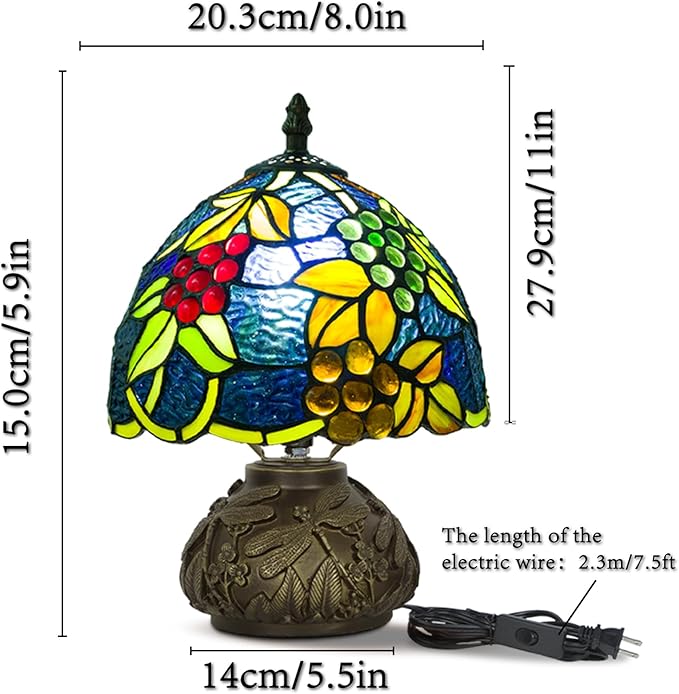 JHuiLap Small Tiffany Stained Glass Lamp, 3 Color Temperatures Bedside Lamp, 8 Inch Mushroom Desk Light for Bedroom Living Room Office Home Decor (Yellow Leaf Grapes)