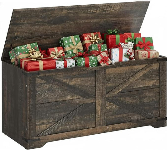 DWVO Wooden Storage Bench, Farmhouse Storage Chest with Safety Hinges, Entryway Shoe Organizer, Multi-Use Storage for Living Room/Bedroom, 39.4" L, Dark Rustic Oak