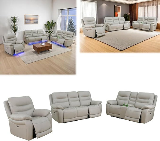 Power Reclining Sofa Set, Genuine Leather Recliner Sofa Set,Living Room Furniture Setwith USB Charging and LED Lights,for Living Room/Apartment/Office/Home Theather,Light Grey,C+L+S