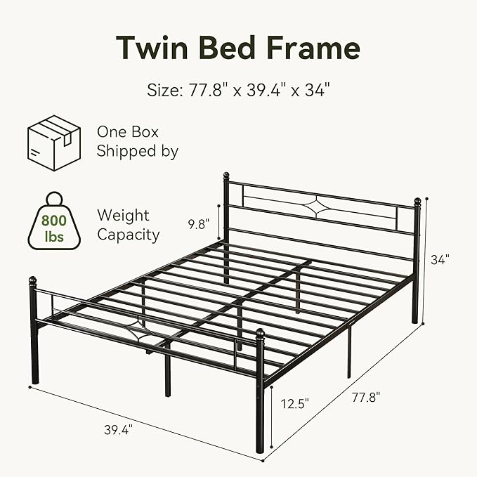 BedsPick Twin Size Metal Platform Bed Frame with Vintage Headboard and Footboard, Sturdy Twin Bed Frame, 12.5 Inch Under Bed Storage, No Box Spring Needed, Easy to Assemble, Noise Free, Black