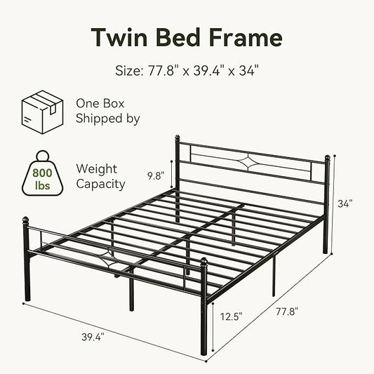 BedsPick Twin Size Metal Platform Bed Frame with Vintage Headboard and Footboard, Sturdy Twin Bed Frame, 12.5 Inch Under Bed Storage, No Box Spring Needed, Easy to Assemble, Noise Free, Black