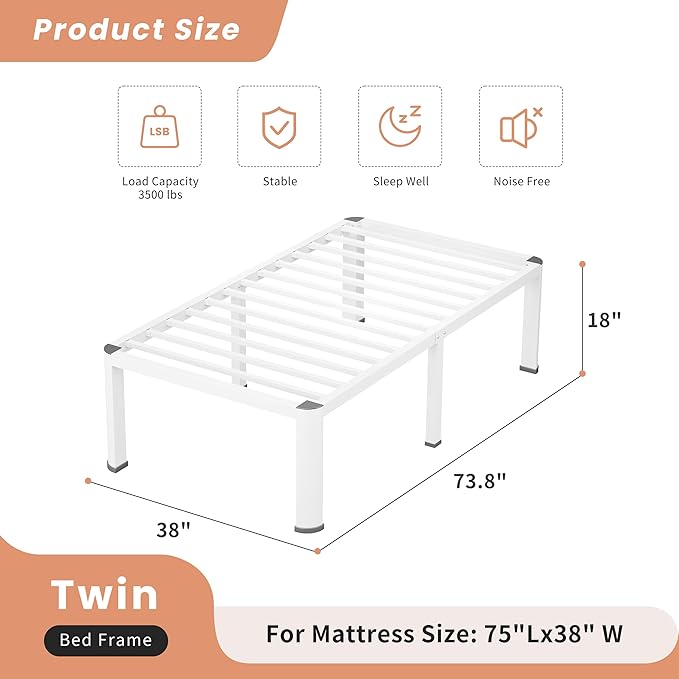 18 Inch White Twin Heavy Duty 3500 lbs Bed Frame with Round-Corner Legs & Anti-Squeak Design – Quick Assembly Metal Platform, No Box Spring Needed