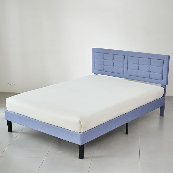VECELO Full Size Bed Frame with Adjustable Headboard, Upholstered Button Tufted Platform Bedframe with Wood Slats Support, No Box Spring Needed, Light Blue
