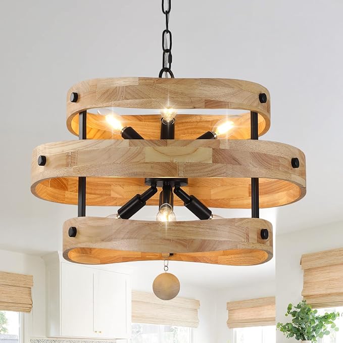 20" Farmhouse Chandelier with Light, 6-Light Rustic Drum Chandelier Over Table, Wood Dining Room Light Fixtures for Kitchen Island Living Room Entryway