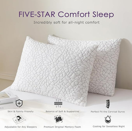 Cooling Shredded Memory Foam Pillow Queen Size Set of 2- Removable Bamboo Rayon Cover + Extra Gel Foam, 100% Adjustable for Back/Side/Stomach Sleepers, Oeko&CertiPUR-US Standard