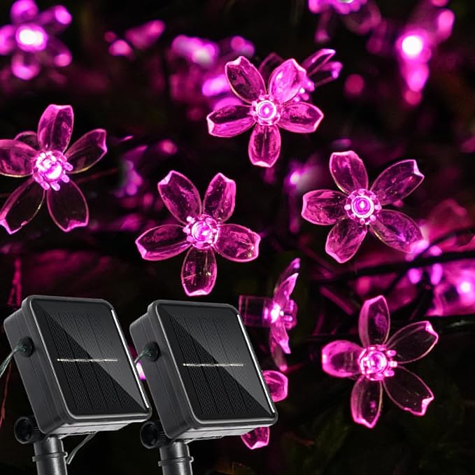 2 Pack Total 52FT 120 LED Solar String Lights Outdoor Waterproof Flower Fairy Lights for Garden Fence Patio Yard Christmas Tree Lawn Wedding Party Decor, Pink