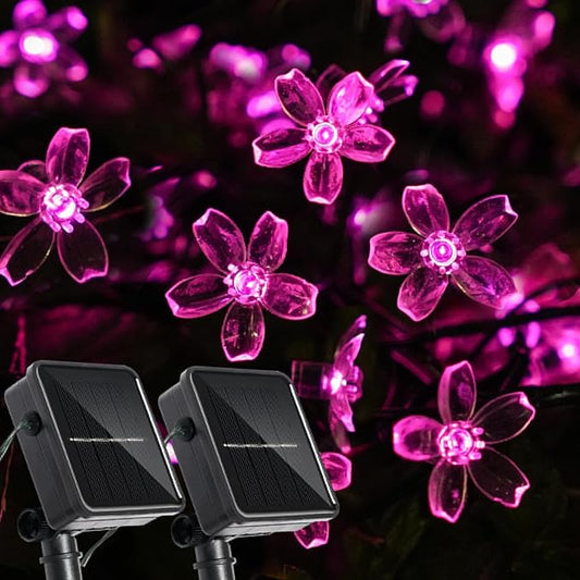 2 Pack Total 52FT 120 LED Solar String Lights Outdoor Waterproof Flower Fairy Lights for Garden Fence Patio Yard Christmas Tree Lawn Wedding Party Decor, Pink