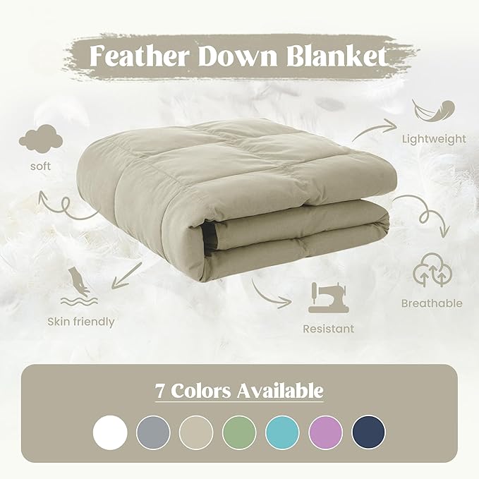 puredown® Soft Feather Down Blanket Lightweight Packable Down & Feather Fill Blanket for Indoor and Outdoor Use, Queen Size Blankets, 88"X90", Beige