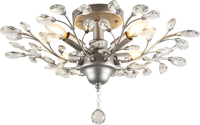 SEOL-Light 24.5" Dia 4-Light Frozen Crystal Branch Close to Ceiling Light Silvery Grey Flush Mount Fixture,E12,160W, Chandeliers for Bedroom,Living Room,Entryway;