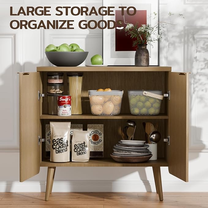 29.5" W Wood Fluted Sideboard with 2 Doors, Modern Large Buffet Cabinet with Shelves, Multi-Space Storage Credenza Kitchen for Entryway, Dining & Living Room, Natual Oak