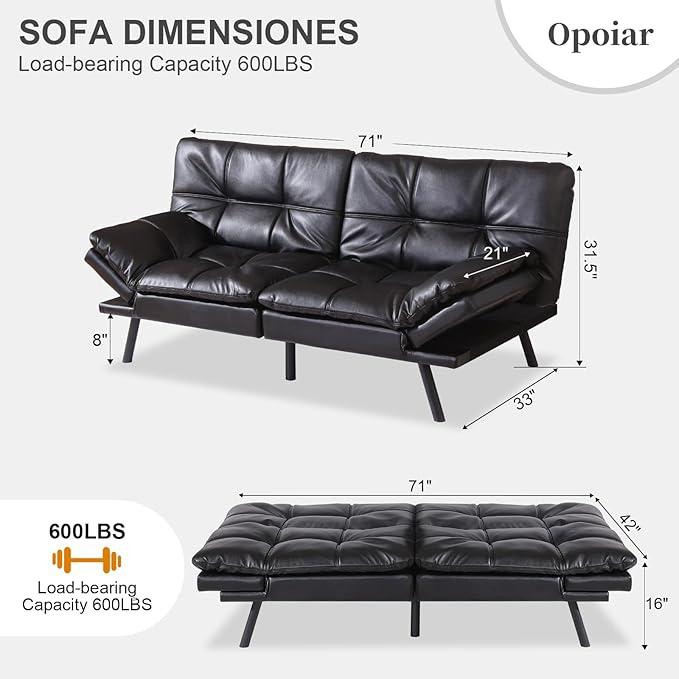 Opoiar Black Leather Futon Sofa Bed Convertible Memory Foam Couch Bed Futon Sets Folding Modern Sleeper Sofa Loveseat for Studio,Drom,Apartment,Game Room and Small Space