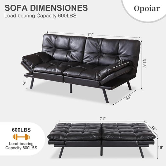 Opoiar Black Leather Futon Sofa Bed Convertible Memory Foam Couch Bed Futon Sets Folding Modern Sleeper Sofa Loveseat for Studio,Drom,Apartment,Game Room and Small Space