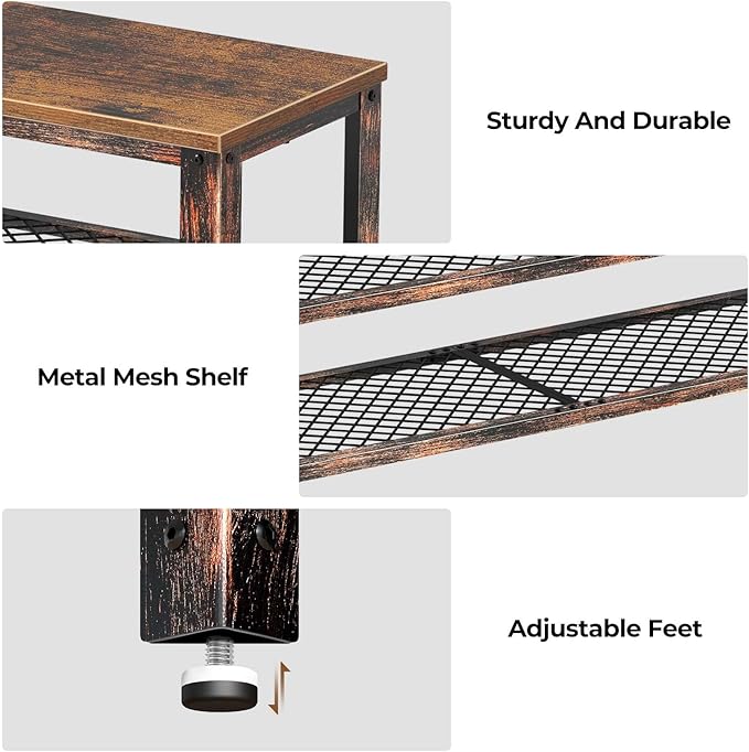 Rolanstar Shoe Bench, 3-Tier Shoe Rack, 40” Storage Entry Bench with Mesh Shelves Wood Seat, Rustic Foyer Bench for Hallway Front Door, Doorway, Living Room, Mudroom, Steel Frame, Rustic Brown
