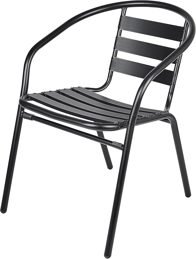 BTEXPERT Indoor Outdoor 28" Tempered Glass Trim Restaurant Aluminum Slat Stack Lightweight, 4 Metal Chairs with a Square Rattan Table, Black/Brown