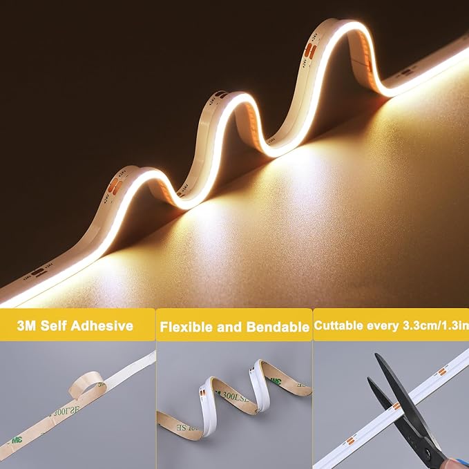 TOPAI Side Emitting 24V COB LED Strip Warm White 3000K 16.4ft Dotless 480LED/M High Density CRI>90 Self Adhesive Cuttable Flexible 8mm Width LED Tape for Home, Office DIY Lighting