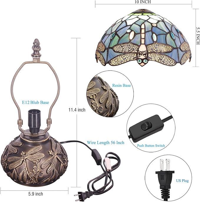 Small Tiffany Table Lamp Blue Dragonfly Style Stained Glass Desk Lamp 10X11.5 Inch Mushroom Table Light for Office Home Living Room Bedroom