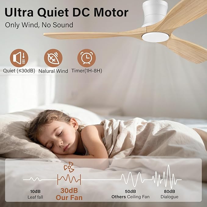 52" Flush Mount Ceiling Fans with Lights and Remote,6 Speeds DC Reversible,Dimmable,Noiseless,White& Light Wood blades Low Profile Ceiling Fans for Bedroom Living Room Patio,Modern Indoor/Outdoor
