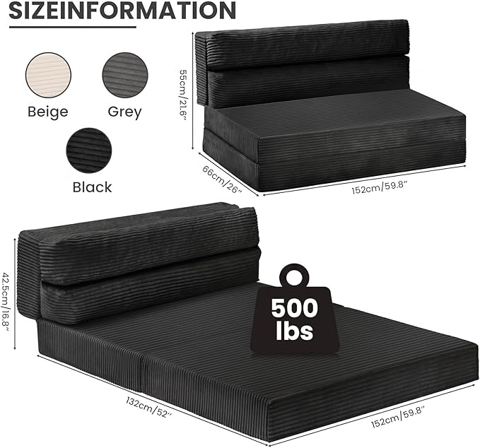 JUIKURY Folding Sofa Bed, Convertible Sleeper Chair with Pilow Foldable Matress, 2 in 1 Pull Out Loveseat Sofa Portable Fold Out Chair Bed Floor Couch Lounge for Living Room (Black, Queen)