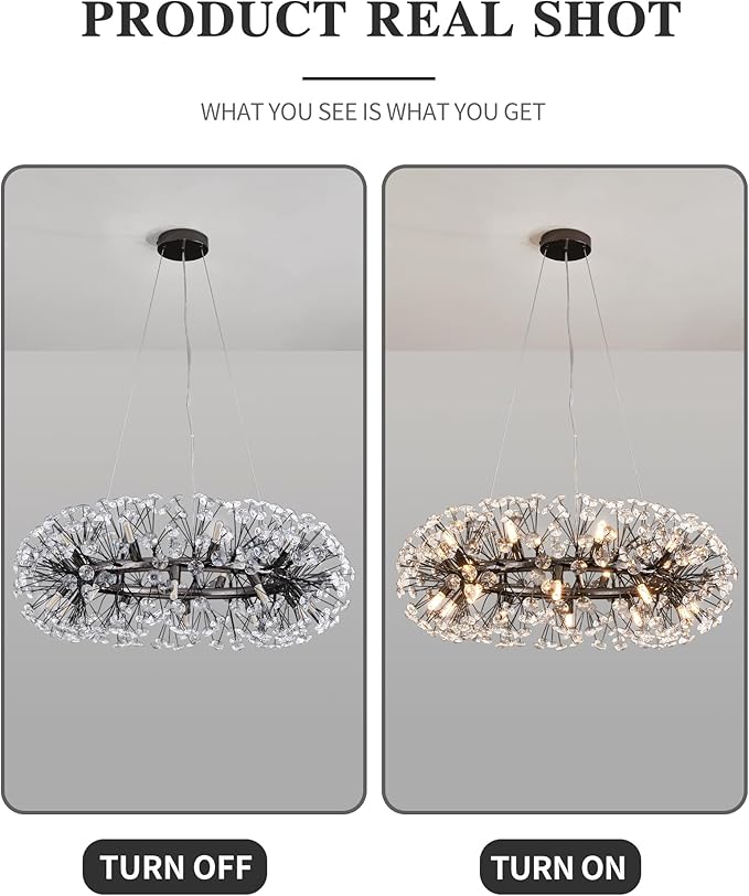 Modern Firework Chandelier, Farmhouse Black Crystal Round Dandelion Sputnik Chandeliers, 31.5" Contemporary 20-Light Pendant Hanging Lighting for Dining Room Kitchen Bedroom Living Room