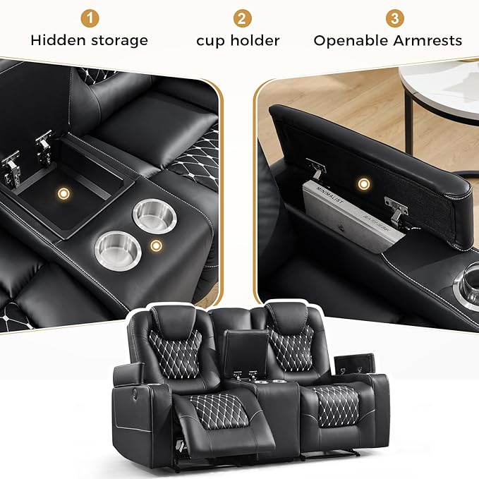 ANJ Power Recliner Sofa Set, Faux Leather Reclining Couch Sets for Living Room, Included 2PC Loveseat Sofa and 3 Seat Recliner Sofa, Black