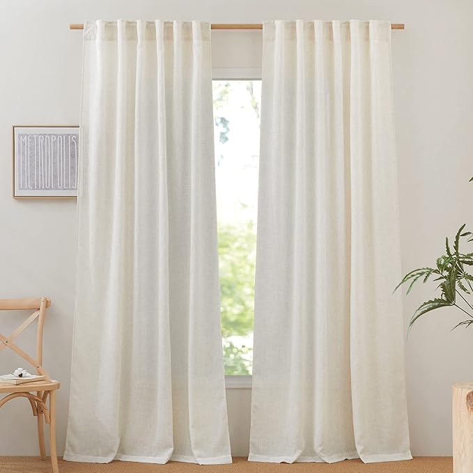 NICETOWN Linen Burlap Curtains 135 inches Long 2 Panels, Rod Pocket & Back Tab Natural Linen Blend Semi Sheer Window Treatments Privacy with Light Filtering for Bedroom/Living Room, W52 x L135