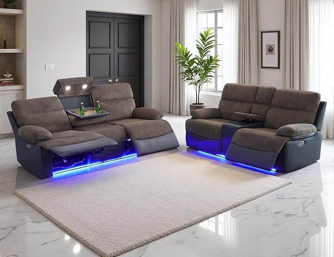 Fabric Power Reclining Sofa Set, Living Room Furniture Sets, Recliner Loveseat & Sofa Set with Cup Holders/Charging/Storage, Corduroy & Breathing Leather Reclining Couch for Home Theater,Brown
