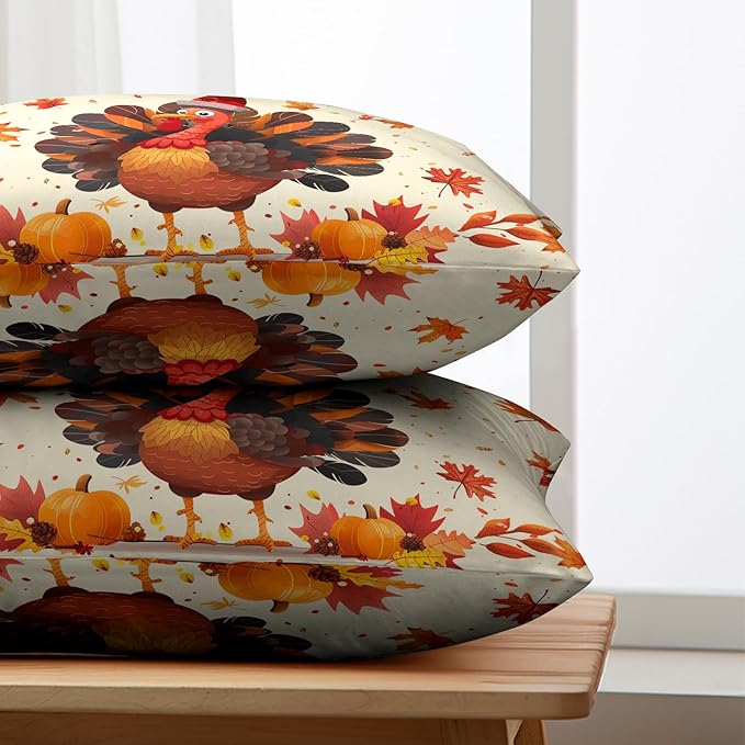 Thanksgiving Pillow Covers 12x20 Set of 2 Turkey Maple Leaves Pumpkin Lumbar Pillow Case Seasonal Fall Harvest Farmhouse Cushion Case for Outdoor Couch Patio