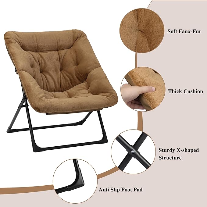Comfy Saucer Chair for Adults, Soft Faux Fur Bedroom Chair with Ottoman, Accent Dorm Chairs, Living Room Reading Chairs and Footstool, Folding Seat for Teens, X-Large, Brown