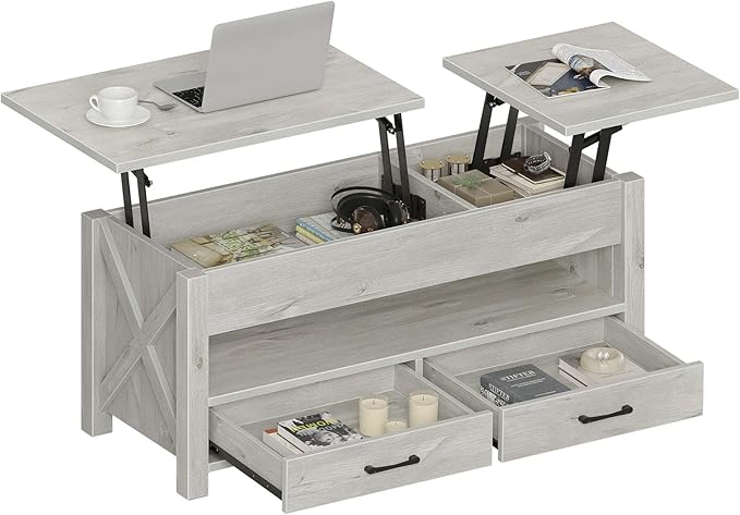 Seventable Coffee Table, 47.2" Lift Top Coffee Table with 2 Storage Drawers and Hidden Compartment, Retro Center Table with Wooden Lift Tabletop for Living Room, Gray
