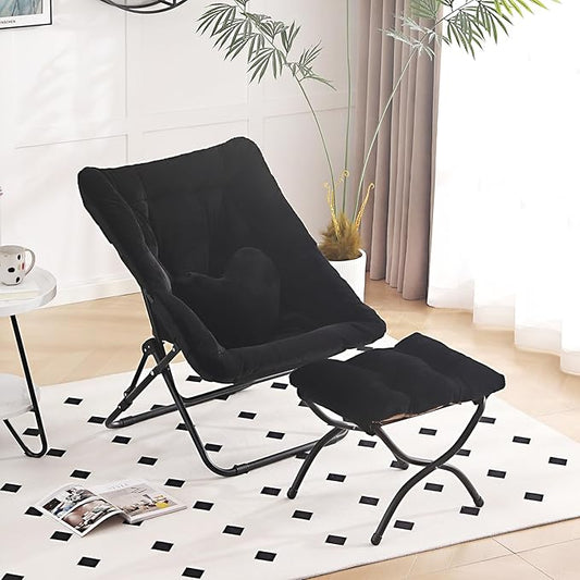 Comfy Saucer Chair with Ottoman, Oversized Folding Faux Fur Chair Soft Furry Lazy Chair with Metal Frame Moon Chair Accent Chair for Bedroom, Living Room, Dorm Rooms, Black