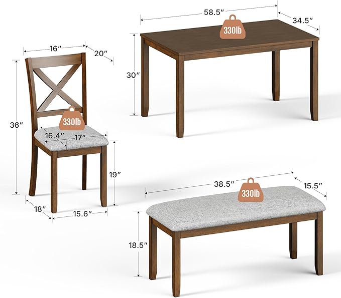 6-Piece Wooden Dining Table Set, Dining Table Set for 6, Including 1 Dining Table, 4 Upholstered Chairs and 1 Bench, Wooden Legs Dining Table, Table Set for Dining Room & Kitchen, Walnut
