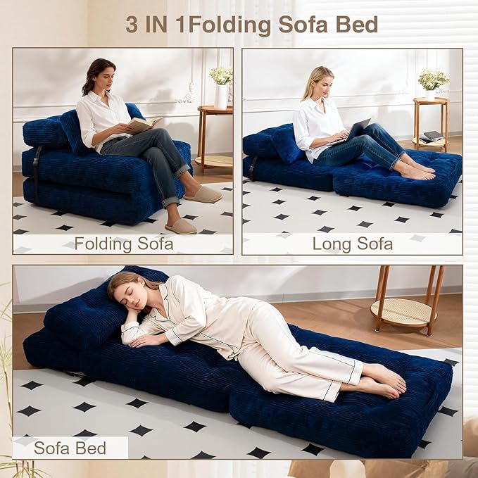 Folding Sofa Bed, Folding Chair Bed with Pillow, Convertible Lazy Sofa Bed with High-Density Support Foam, Fold Out Chair for Small Spaces Living Room Bedroom, Navy Blue