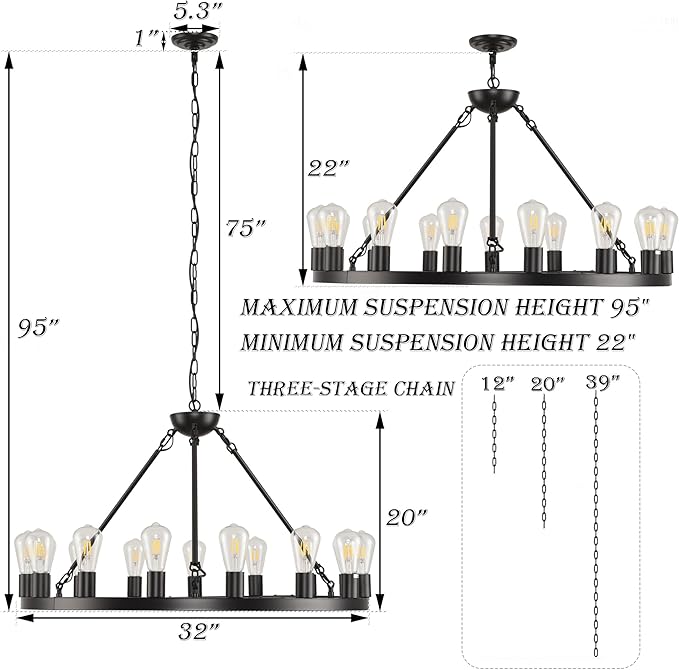 32 inch Black Wagon Wheel Chandelier 15-Light Farmhouse Round Wheel Chandeliers Hanging Light Fixture Outdoor Wagon Wheel Chandelier for Porch for High Ceilings Dining Room