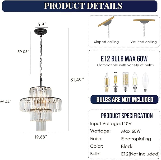 Black Crystal Chandelier, 7-Light 4 Tiers 19.68" Crystal Light, Adjustable Hanging Metal Ceiling Lighting Fixture, Modern Foyer Dining Room Chandeliers for Bedroom,Hallway,Kitchen