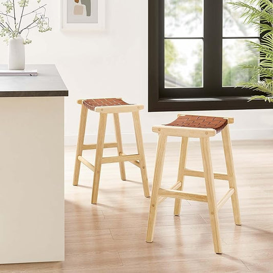 Modway Saoirse Faux Leather Wood Counter Stool - Set of 2 in Natural Brown