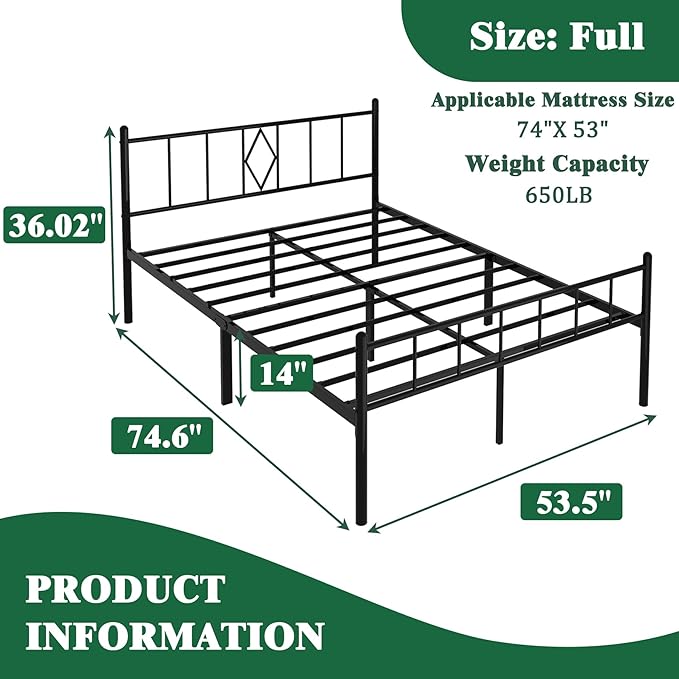 14 Inch Full Size Bed Frames with Headboard/Footboard, Under Bed Storage, Strong Metal Slats Support, No Box Spring Needed, Noise Free, Easy Assembly, Black