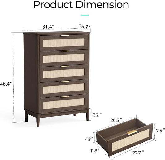 LINSY Rattan 5 Drawer Dresser for Bedroom, 46" Tall Mid-Century Modern Chest of Drawers, Deep Storage Dresser with Curved Corner Design, Large Accent Wood Cabinet for Bedroom, Walnut