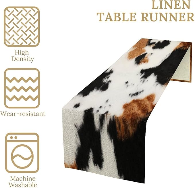 Cowhide Table Runne Vintage Cow Print 3D Rustic Theme Animal Fur Skin Farm Dining Table Decoration for Kitchen Dining Room Holiday Party Decor 13x120in