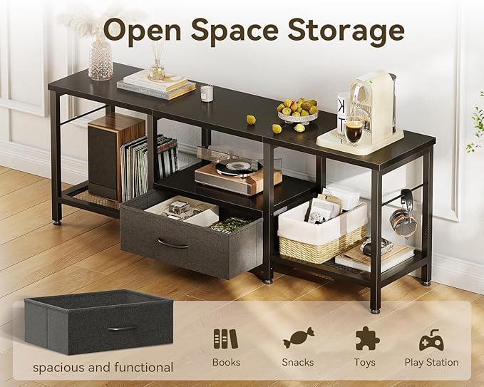Casaottima 47" TV Stand with Open Storage Shelves for 43, 50 Inch TV, Entertainment Center with Fabric Drawers, TV Console Table with Soundbar Shelf TV Stand for Living Room Bedroom, Pure Black