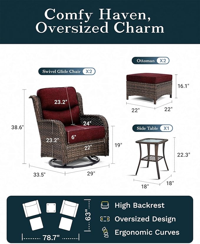 High Back Outdoor Furniture with Extra Thick Cushion Patio Swivel Rocking Chairs, 5PCS Oversized Comfort Wicker Conversation Set for Porch, Deck, Yard in Burgundy