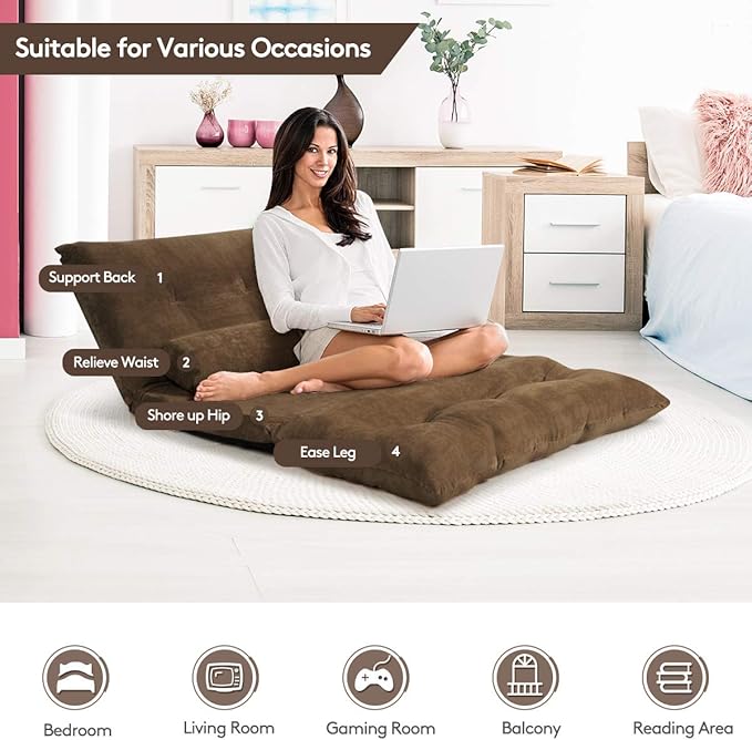 Giantex Adjustable Floor Sofa Couch with 2 Pillows, Multi-Functional 6-Position Foldable Lazy Sofa Sleeper Bed, Multi-Functional Suede Floor Seating Sofa for Reading Gaming (Coffee)