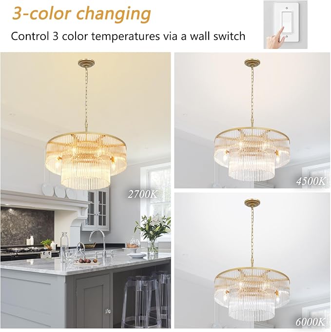 Gold Chandeliers 8 Lights Modern Glass Chandelier Lighting Round Gold Light Fixture Entryway Dining Room 23.6"